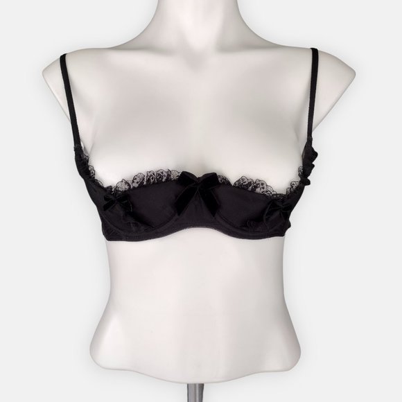 Vintage 2000's Victoria Secret Black Satin Ruffled Silk Quarter Cup Bra